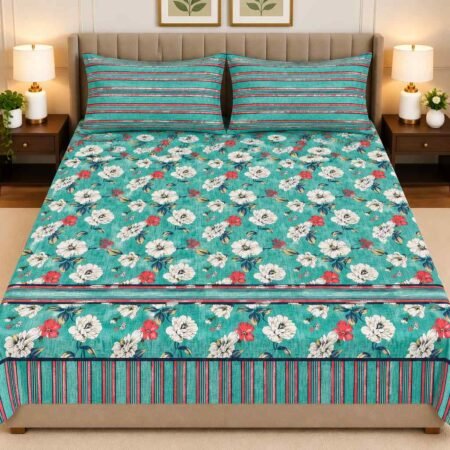 Teal Floral Printed Bed Sheet Set