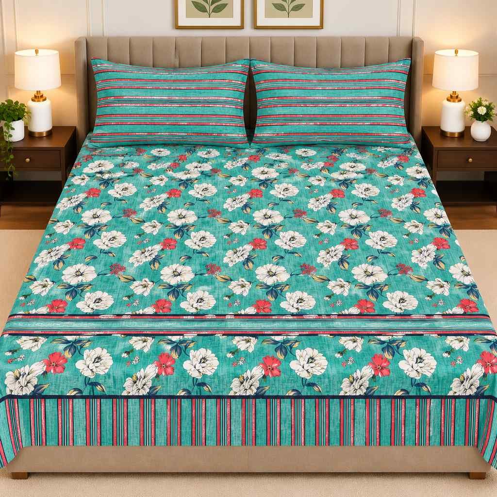 Teal Floral Printed Bed Sheet Set Teal Floral Printed Bed Sheet Set