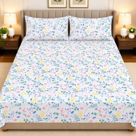White Floral Printed Bed Sheet Set