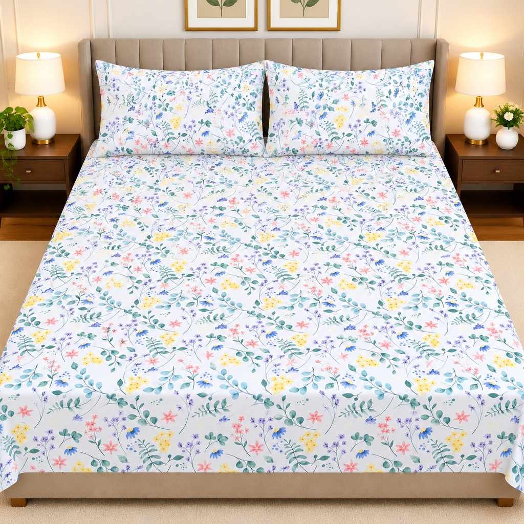 White Floral Printed Bed Sheet Set White Floral Printed Bed Sheet Set