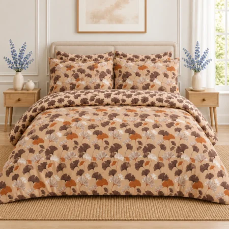 Autumn Ginkgo Botanical Printed Bedsheet – Beige & Brown Floral Design