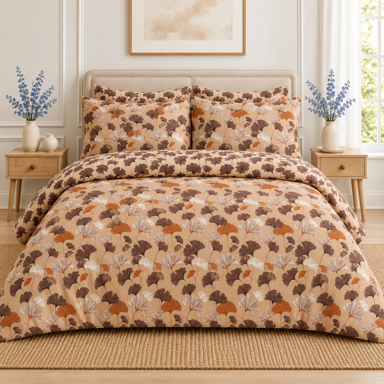 Autumn Ginkgo Botanical Printed Bedsheet – Beige & Brown Floral Design Autumn Ginkgo Botanical Printed Bedsheet – Beige & Brown Floral Design