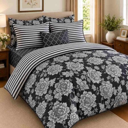 Black & White Floral Printed Bedsheet