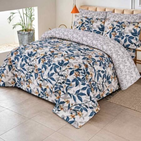 Blue Floral Leaf Printed Bed Sheet Set