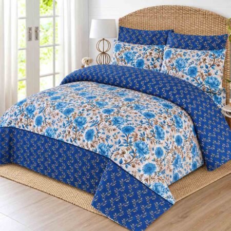Blue Floral & Navy Leaf Printed Bed Sheet Set