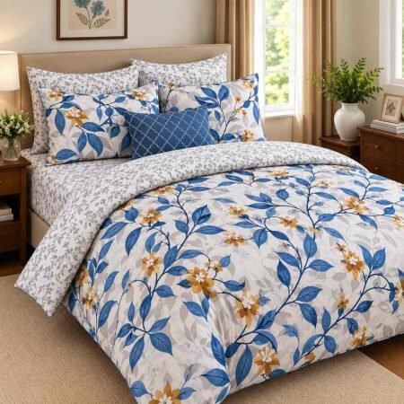 Blue Gold Floral Printed Bedsheet
