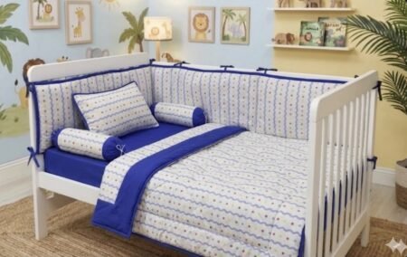 Blue & White Wavy Pattern Cot Bedding Set