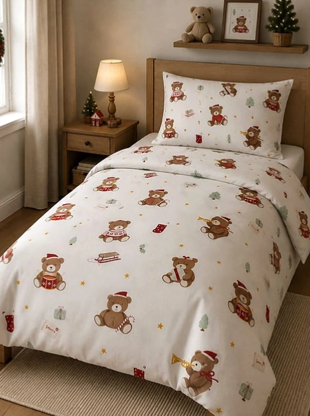 Christmas Teddy Bear Kids Printed Bedsheet – Cute Cream & Red Design