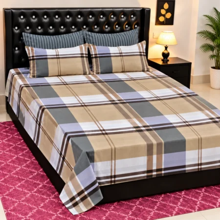 Classic Beige & Grey Checkered Printed Bedsheet