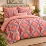 Coral Pink Moroccan Damask Printed Bedsheet – Elegant Blue & Peach Design