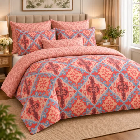 Coral Pink Moroccan Damask Printed Bedsheet – Elegant Blue & Peach Design