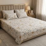 Cream & Blue Floral Print Cotton Bedsheet Set (With Pillow Covers)
