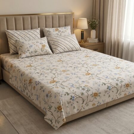 Cream & Blue Floral Print Cotton Bedsheet Set (With Pillow Covers)