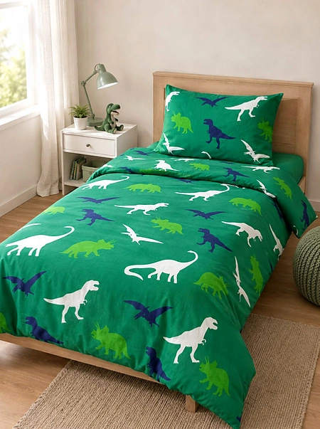 Dinosaur Adventure Kids Printed Bedsheet – Green Dino Design