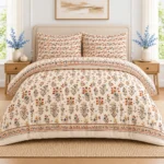 Earthy Bloom Floral Printed Bedsheet – Elegant Cream & Rust Orange Design