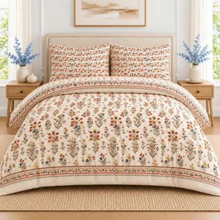 Earthy Bloom Floral Printed Bedsheet – Elegant Cream & Rust Orange Design