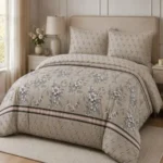 Elegant Beige & Grey Floral Printed Bedsheet – Classic Botanical Design