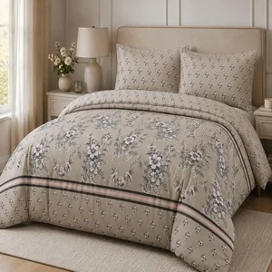 Elegant Beige & Grey Floral Printed Bedsheet – Classic Botanical Design