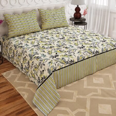 Elegant Cream, Grey & Mustard Yellow Botanical Printed Double Bedsheet Set