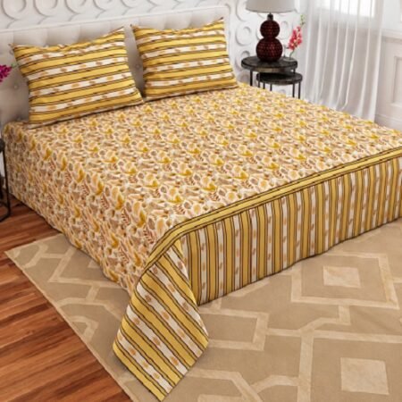 Elegant Mustard Yellow & Cream Botanical Floral Printed Double Bedsheet Set