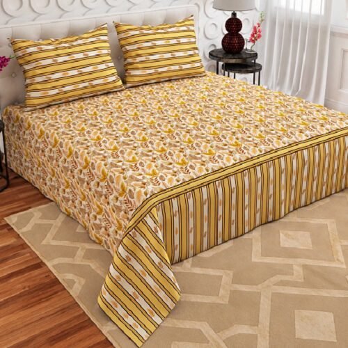 Elegant Mustard Yellow & Cream Botanical Floral Printed Bedsheet Set Elegant Mustard Yellow & Cream Botanical Floral Printed Double Bedsheet Set