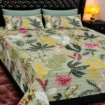 Elegant Sage Green Multicolor Tropical Botanical Printed Bedsheet