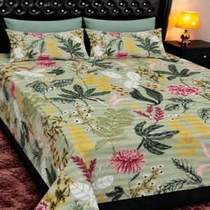 Elegant Sage Green Multicolor Tropical Botanical Printed Bedsheet