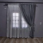 Elegant Silver Grey Layered Curtains with Embroidered Lace & Tassels