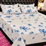 Elegant White & Blue Rose Floral Printed Bedsheet