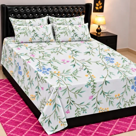 Elegant White Botanical Floral Printed Bedsheet – Multicolor
