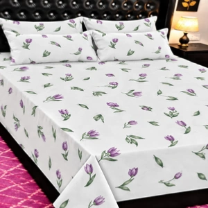 Elegant White & Purple Tulip Floral Printed Bedsheet