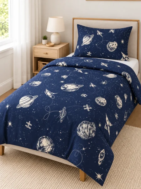 Galaxy Space Kids Printed Bedsheet – Navy Blue Planets & Stars Design