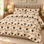 Golden Brown Rose Floral Printed Bedsheet – Elegant Cream & Beige Design