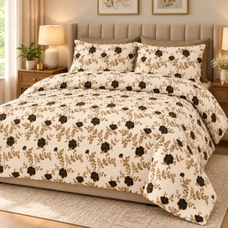 Golden Brown Rose Floral Printed Bedsheet – Elegant Cream & Beige Design