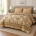 Golden Daisy Floral Printed Bedsheet – Elegant Beige & White Botanical Design