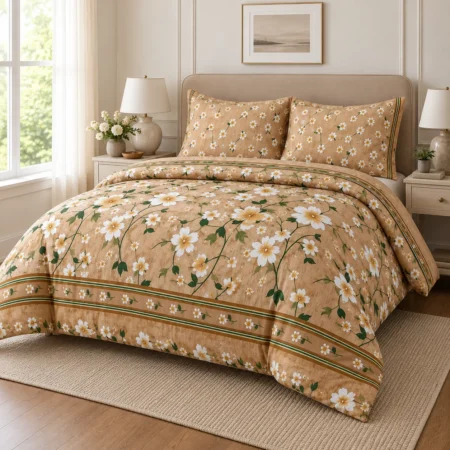 Golden Daisy Floral Printed Bedsheet – Elegant Beige & White Botanical Design