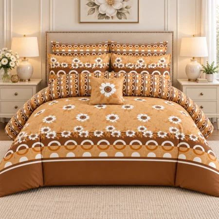 Golden Daisy Floral Printed Bedsheet – Elegant Brown & Mustard Design