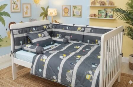 Grey Construction Trucks Cot Bedding Set