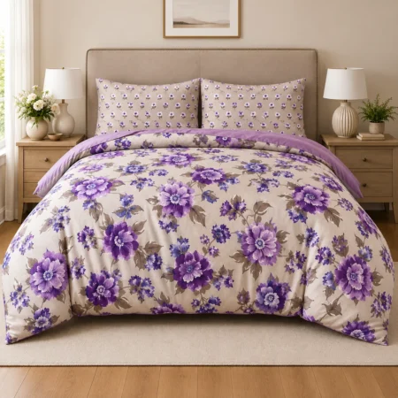 Lavender Bloom Floral Printed Bedsheet – Elegant Purple & Beige Design
