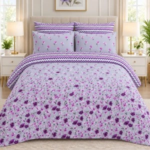 Lavender Blossom Floral Bedsheet – Purple Chevron Design
