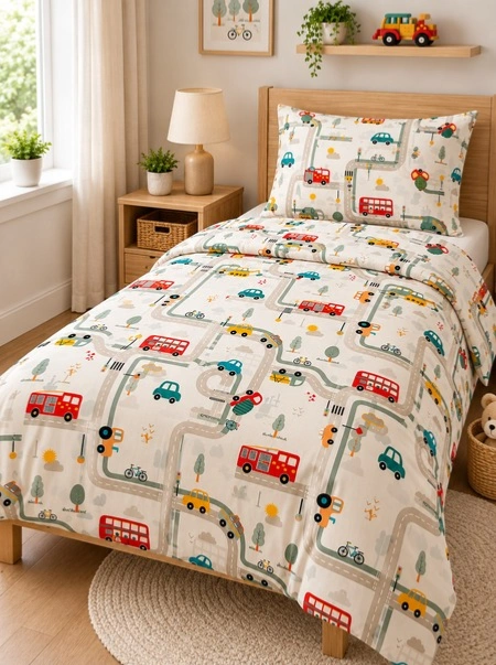 Little City Adventure Kids Printed Bedsheet – Cars, Buses & Roads Design