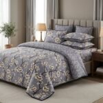 Luxury Printed Double Bed Sheet – Grey Cherry Blossom Pattern