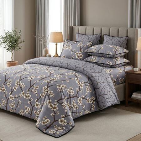 Luxury Printed Double Bed Sheet - Grey Cherry Blossom Pattern