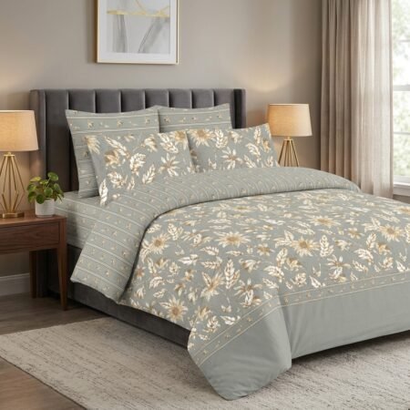 Luxury Printed Double Bed Sheet - Sage Green Botanical Pattern