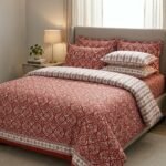 Maroon & White Traditional Printed Cotton Bedsheet Set (With Pillow Covers)