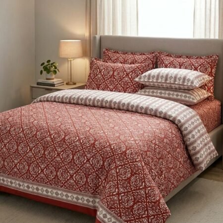 Maroon & White Traditional Printed Cotton Bedsheet Set (With Pillow Covers)
