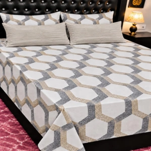Modern Beige & Grey Hexagon Geometric Printed Bedsheet