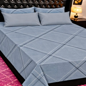 Modern Dusty Blue & Grey Plaid Check Printed Bedsheet