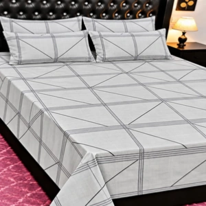 Modern White & Grey Geometric Line Printed Bedsheet