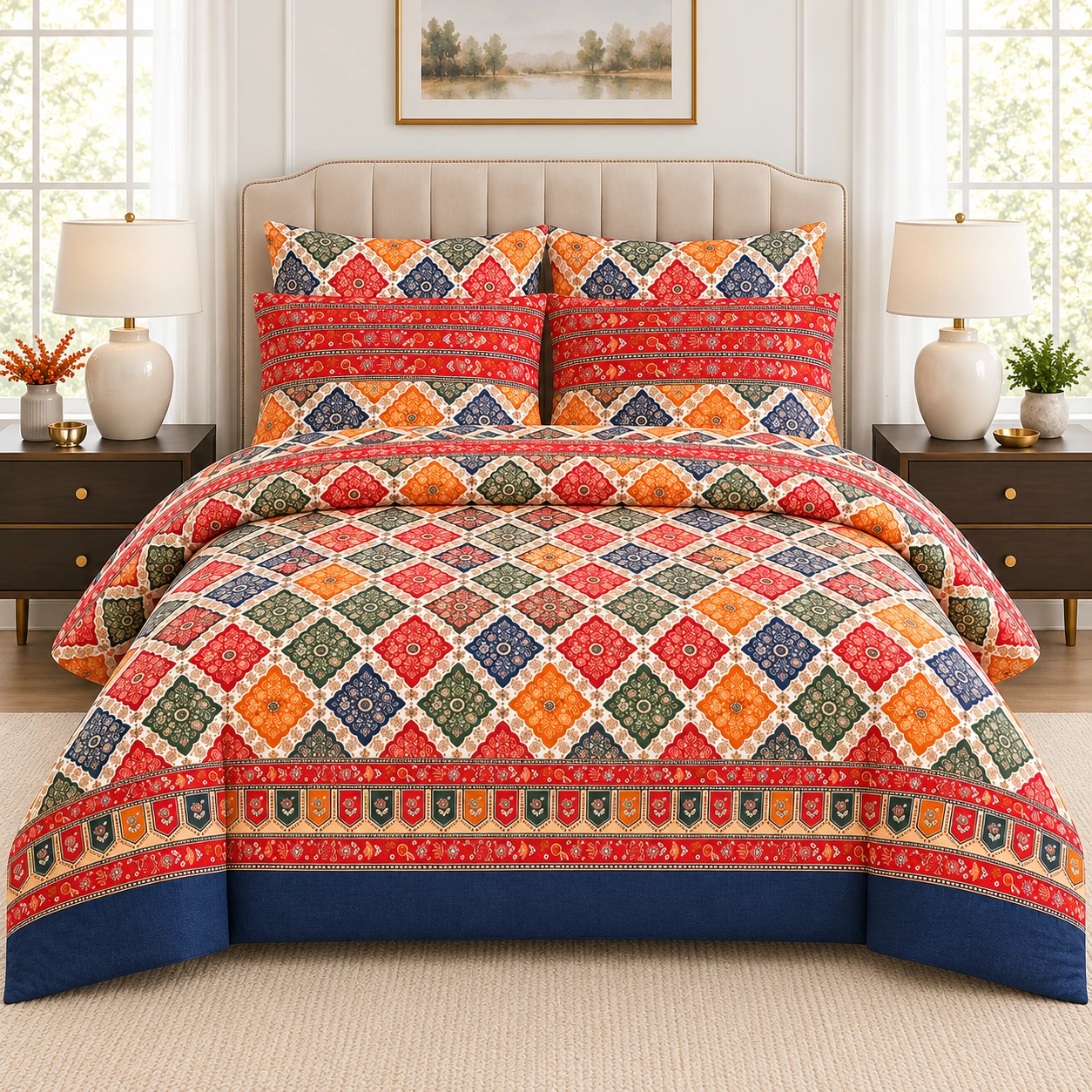 Multicolor Boho Medallion Printed Bedsheet – Traditional Geometric Design Multicolor Boho Medallion Printed Bedsheet – Traditional Geometric Design